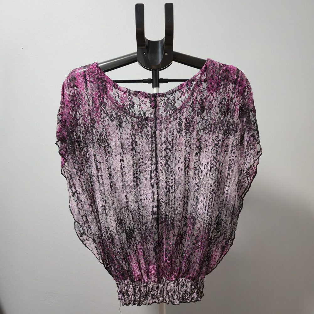 Studio Y Womens Sheer Lace Blouse Purple Pink and Black Size M